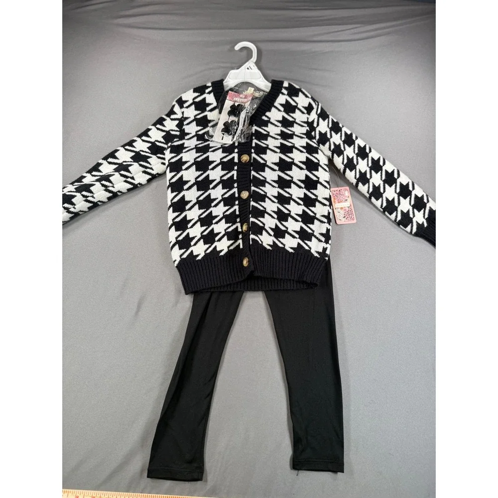NWT Btween Girls Houndstooth Cardigan Leggings and Hair Clips 3pc Set Size 5
